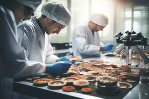 A laboratory, scientists in white coats studying dishes of psychedelic mushrooms under microscopes. Psilocybin therapy is showing promise for conditions like depression, OCD and PTSD. Generative AI photo