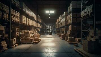 A large clean warehouse with carboard boxes and products. Generative ai. photo