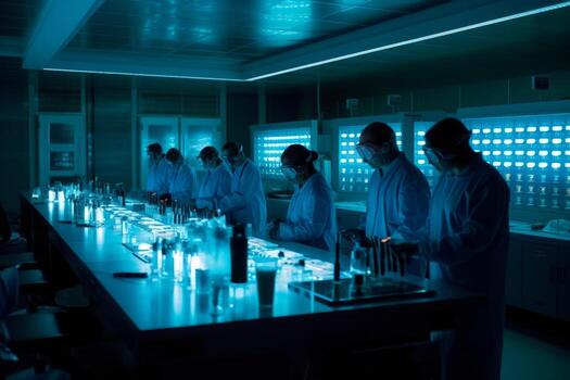 Laboratory with rows of scientists in protective gear conducting experiments, seems to emanate a radioactive glow. Hazards signs warn of radiation throughout the sterile white lab space. Generative AI photo