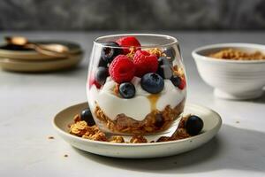 A light, refreshing breakfast of Greek yogurt, topped with a variety of fresh berries, honey, and granola, served in a glass parfait dish on a minimalist, marble tabletop. Generative AI. photo