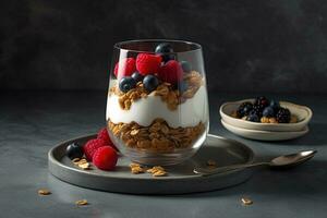 A light, refreshing breakfast of Greek yogurt, topped with a variety of fresh berries, honey, and granola, served in a glass parfait dish on a minimalist, marble tabletop. Generative AI. photo