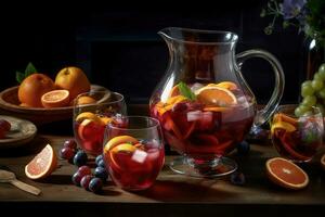 A colorful sangria , showcasing a large pitcher filled with red or white wine, fresh fruit, and a splash of brandy, accompanied by glasses filled with the refreshing beverage. Generative Ai photo