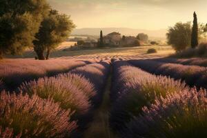 A lavender farm under the blush of the afternoon sun. Capture fields of purple lavender blossoms stretching into the distance under big blue Tuscan skies. Generative AI photo