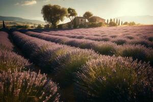 A lavender farm under the blush of the afternoon sun. Capture fields of purple lavender blossoms stretching into the distance under big blue Tuscan skies. Generative AI photo