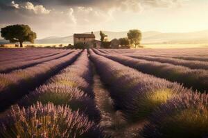 A lavender farm under the blush of the afternoon sun. Capture fields of purple lavender blossoms stretching into the distance under big blue Tuscan skies. Generative AI photo