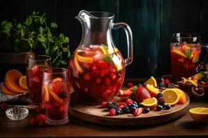 un vistoso sangría , exhibiendo un grande lanzador lleno con rojo o blanco vino, Fresco fruta, y un chapoteo de brandy, acompañado por lentes lleno con el refrescante bebida. generativo ai foto