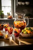 A colorful sangria , showcasing a large pitcher filled with red or white wine, fresh fruit, and a splash of brandy, accompanied by glasses filled with the refreshing beverage. Generative Ai photo