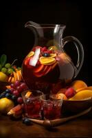 A colorful sangria , showcasing a large pitcher filled with red or white wine, fresh fruit, and a splash of brandy, accompanied by glasses filled with the refreshing beverage. Generative Ai photo