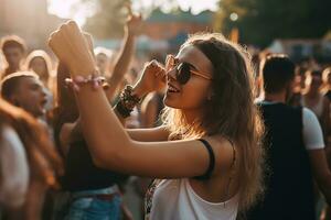 un dinámico, verano música festival capturar un Pareja baile, cantando, y disfrutando En Vivo actuaciones juntos, rodeado por el energético y vibrante atmósfera de el evento. generativo ai foto