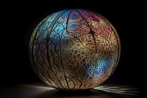A luminescent sphere, perhaps an aura, cocoon, chakra, broadcasting intricate patterns Each pattern revealing the frequency signature of a person's consciousness or state of being. Generative AI photo