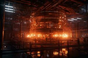 A massive glowing nuclear fusion reactor, with pipes snapping across a vast metal structure, glowing with intense heat and energy. Technicians in hazmat suits monitor the reactor. Generative AI photo