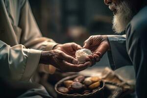 A man giving zakat charity during Ramadan. Man s generosity and giving spirit. The image show the man handing over food to those in need. Generative Ai photo