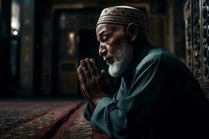 A man praying at a mosque. Man s devotion as he prays. The mosque be shown in the background to emphasis on the spiritual aspect of Ramadan. Generative AI. photo