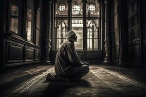 un hombre Orando a un mezquita. hombre s devoción como él reza el mezquita ser mostrado en el antecedentes a énfasis en el espiritual aspecto de Ramadán. generativo ai. foto