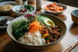 A meal consisting of veggie bibimbap, fresh salad dressed with edible flowers, bean chili and a kombucha tea. Minimally processed and naturally fermented food. Generative AI photo