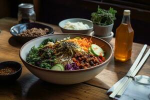 A meal consisting of veggie bibimbap, fresh salad dressed with edible flowers, bean chili and a kombucha tea. Minimally processed and naturally fermented food. Generative AI photo