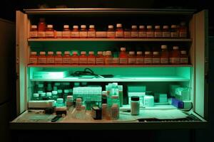 A medication cabinet, shelf after shelf lined with pill bottles. Prescription medication use is at an all time high, a quick fix for problems that run deeper. Generative AI photo