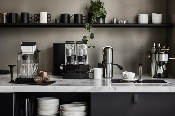A modern, minimalist home coffee bar , featuring a sleek espresso