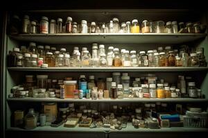 A medication cabinet, shelf after shelf lined with pill bottles. Prescription medication use is at an all time high, a quick fix for problems that run deeper. Generative AI photo