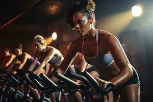 A motivational, group fitness class , featuring participants engaged in an energetic workout, such as spinning, aerobics, set against a vibrant, gym studio background. Generative AI photo