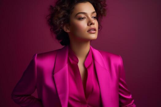 A model wearing a fuchsia-colored outfit, suit, or blouse, against a neutral background, with a sense of bold and confident fashion. Concept sense of style and personality. Generative AI photo