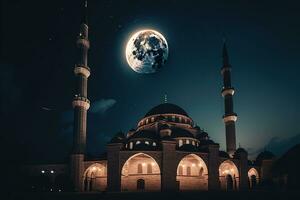 A mosque with a crescent moon in the background. The mosque be shown in silhouette, with the crescent moon and stars shining in the background to give the image a magical feel. Generative AI photo