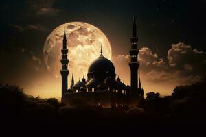 un mezquita con un creciente Luna en el antecedentes. el mezquita ser mostrado en silueta, con el creciente Luna y estrellas brillante en el antecedentes a dar el imagen un mágico sentir. generativo ai foto
