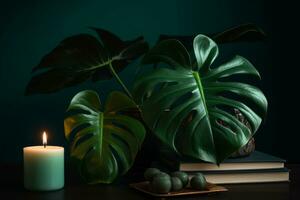 A monstera plant displayed with other decorative items, such as candles, books, or sculptures, against a neutral background, Concept artistic and eclectic decor. Generative AI photo