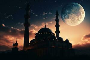 A mosque with a crescent moon in the background. The mosque be shown in silhouette, with the crescent moon and stars shining in the background to give the image a magical feel. Generative AI photo