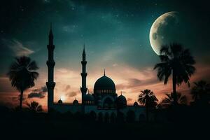 A mosque with a crescent moon in the background. The mosque be shown in silhouette, with the crescent moon and stars shining in the background to give the image a magical feel. Generative AI photo