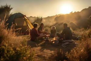 A peaceful, early morning family camping scene, showcasing a family enjoying breakfast together at their campsite, as the sun rises and casts a warm, golden light over the landscape. Generative AI. photo