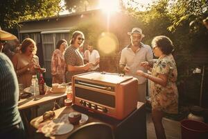 un nostálgico, de inspiración vintage verano karaoke fiesta, capturar el esencia de un pasado era, como amigos reunir alrededor un retro karaoke máquina o grabar jugador, canto clásico melodías generativo ai foto