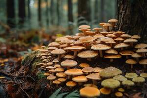 A mushroom patch, hundreds of varieties of psychedelic mushrooms growing on logs in a forest. Safe natural medicine, unregulated and unprocessed. Generative AI photo