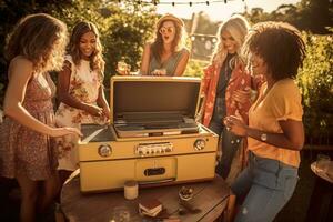 A nostalgic, vintage-inspired summer karaoke party, capturing the essence of a bygone era, as friends gather around a retro karaoke machine or record player, singing classic tunes. Generative AI photo