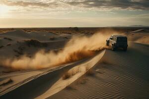 Four-wheel drive vehicle jump over sand dunes. Concept sense of adventure and excitement. Generative AI photo