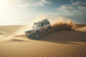 Four-wheel drive vehicle jump over sand dunes. Concept sense of adventure and excitement. Generative AI photo