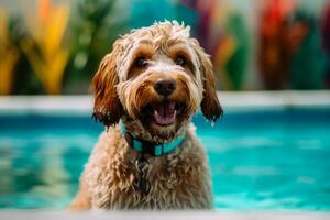 Dog , enjoying a moment by the pool, with a sense of playfulness and joy. The image convey a sense of companionship and happiness. Generative AI photo