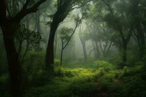 lozano verde bosque, en contra brumoso fondo, con un sentido de natural belleza y serenidad. el imagen debería transmitir un sentido de paz y tranquilidad. generativo ai foto