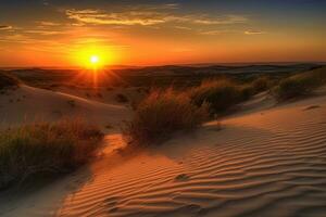 Sand dunes at sunset, with the sun setting behind them, against a fiery sky, with a sense of natural beauty and awe. Generative AI photo