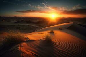 Sand dunes at sunset, with the sun setting behind them, against a fiery sky, with a sense of natural beauty and awe. Generative AI photo