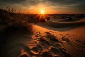 Sand dunes at sunset, with the sun setting behind them, against a fiery sky, with a sense of natural beauty and awe. Generative AI photo