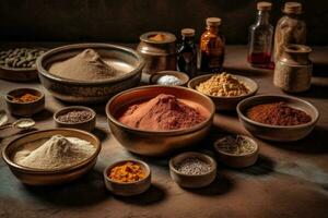 Ingredients used to make ayurvedic henna cream, such as henna powder, essential oils, and herbs, natural and organic ingredients. Generative AI photo