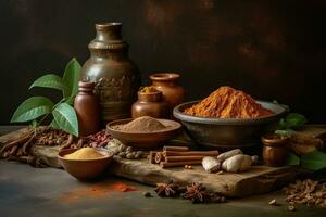 Ingredients used to make ayurvedic henna cream, such as henna powder, essential oils, and herbs, natural and organic ingredients. Generative AI photo