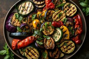 A platter of grilled zucchini, eggplant, and bell peppers. The vegetables should be sliced and arranged in a colorful pattern. Generative AI photo
