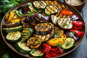 A platter of grilled zucchini, eggplant, and bell peppers. The vegetables should be sliced and arranged in a colorful pattern. Generative AI photo