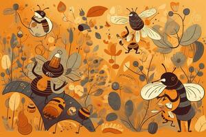 un juguetón, temática de miel ilustración, presentando un grupo de amigable, abejas trabajando juntos a Produce Miel, rodeado por tal como flores, panales, y apicultura herramientas. generativo ai foto