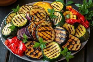 A platter of grilled zucchini, eggplant, and bell peppers. The vegetables should be sliced and arranged in a colorful pattern. Generative AI photo