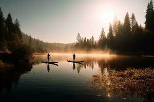 A playful, outdoor adventure scene, showcasing a couple paddle boarding together on a calm, crystal-clear lake or river, surrounded by a picturesque, sunlit natural setting. Generative AI photo