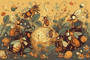 un juguetón, temática de miel ilustración, presentando un grupo de amigable, abejas trabajando juntos a Produce Miel, rodeado por tal como flores, panales, y apicultura herramientas. generativo ai foto
