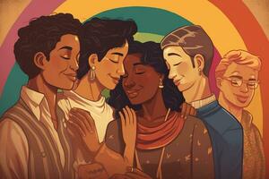 A poster featuring homosexual couples of different ethnicities, ages and styles embracing over a Pride flag background. Generative AI. photo
